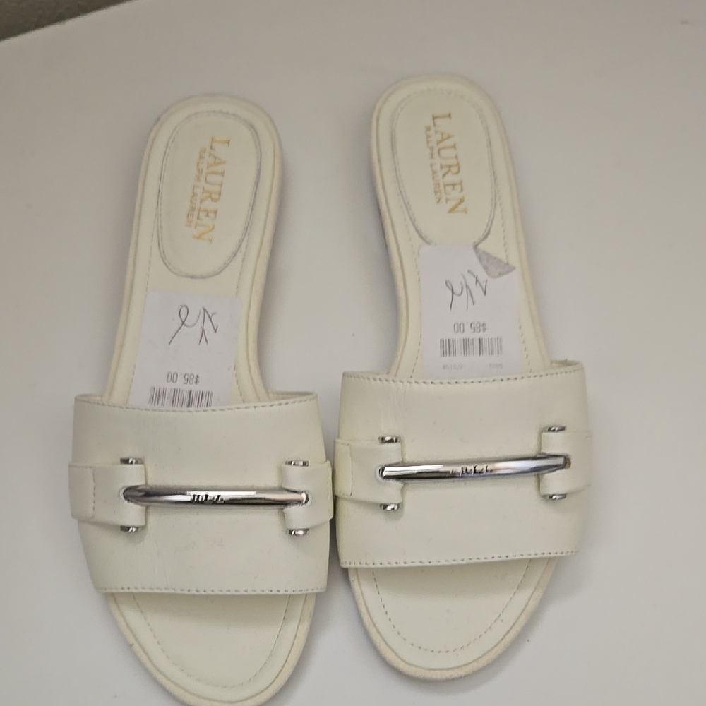 Lauren Ralph Lauren White Slide Sandals with Metallic Detail